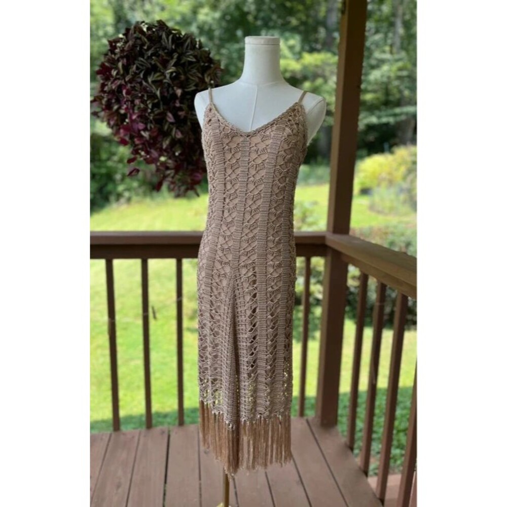 Venus Beige Crochet Fringe Midi Dress Lined Boho Sleeveless Size M